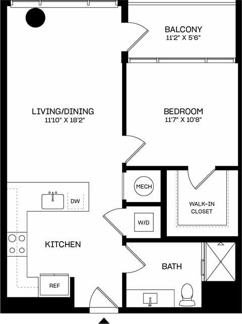 Floor plan for 1 bed, 1 bath, 666 sqft